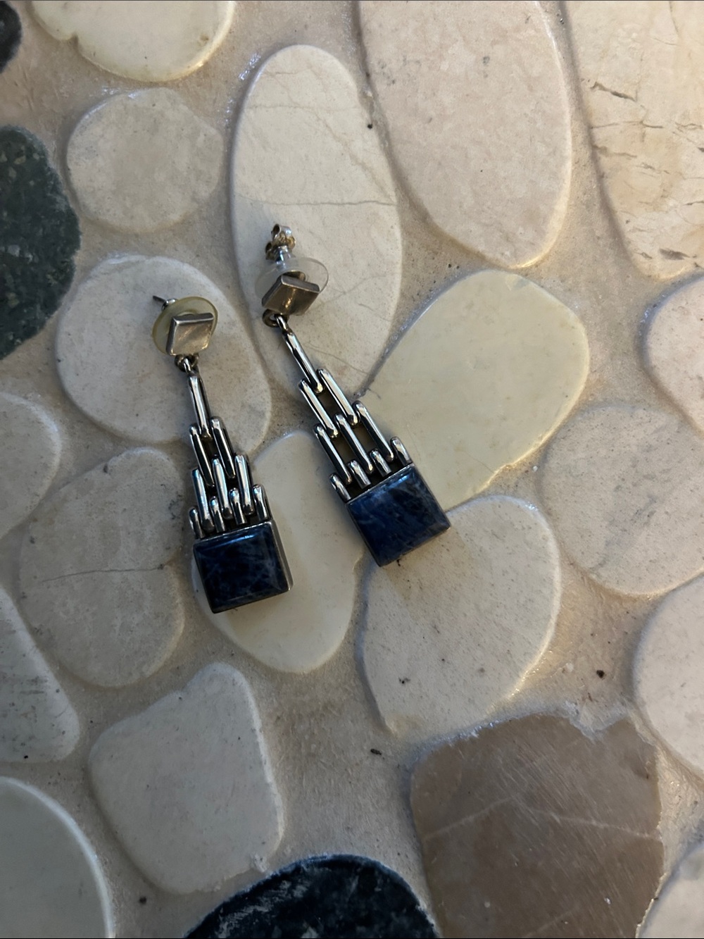 Men's Silver-Tone Drop Earrings with Blue Stone Accent